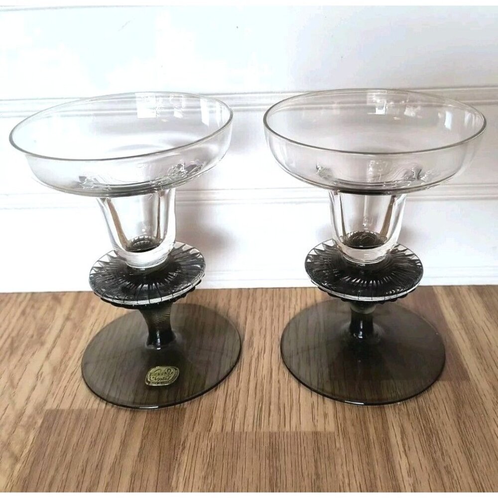 SET/2 Bohemia Crystal Vintage Glasses, Czechoslovakian Fused Smoke Barware, EUC